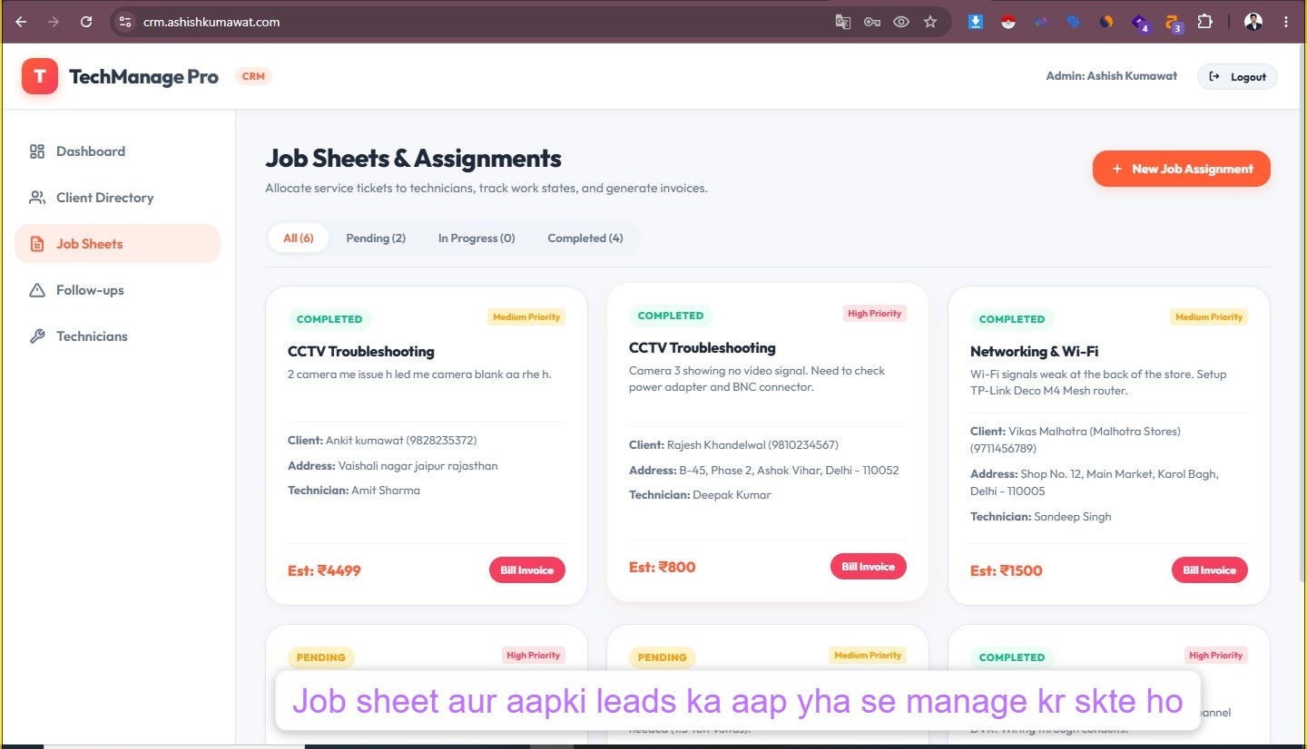 Servexa CRM Job Sheets & Lead Dispatch panel